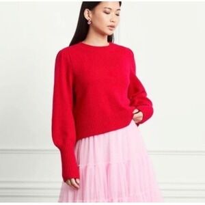 Hill House Cropped Merino Wool Silvia Sweater Raspberry Red Size L Puff Sleeve